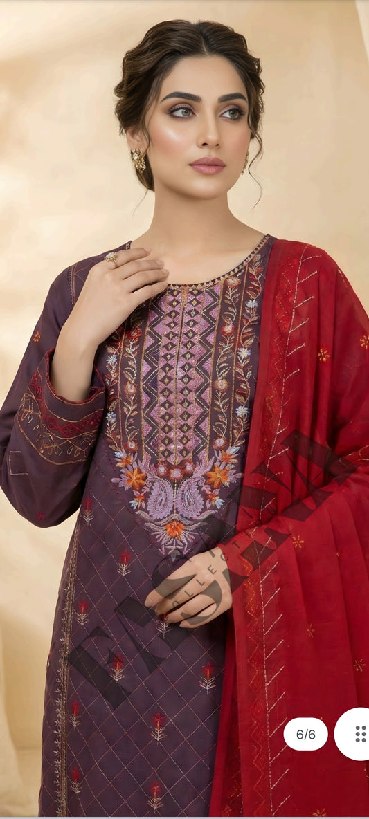This is an unstitched lawn collection 3-piece suit with sequence embroidered front, embroidered sleeves, embroidered trouser, and a Bamber embroidered chiffon dupatta.