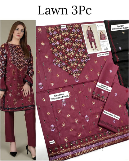 This is an unstitched lawn collection 3-piece suit with sequence embroidered front, embroidered sleeves, embroidered trouser, and a Bamber embroidered chiffon dupatta.