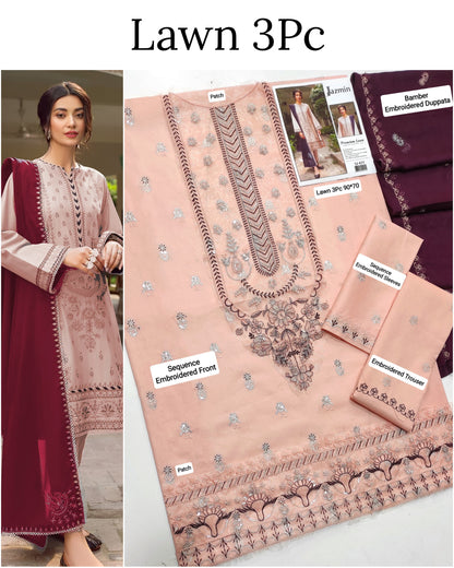 This is an unstitched lawn collection 3-piece suit with sequence embroidered front, embroidered sleeves, embroidered trouser, and a Bamber embroidered chiffon dupatta.