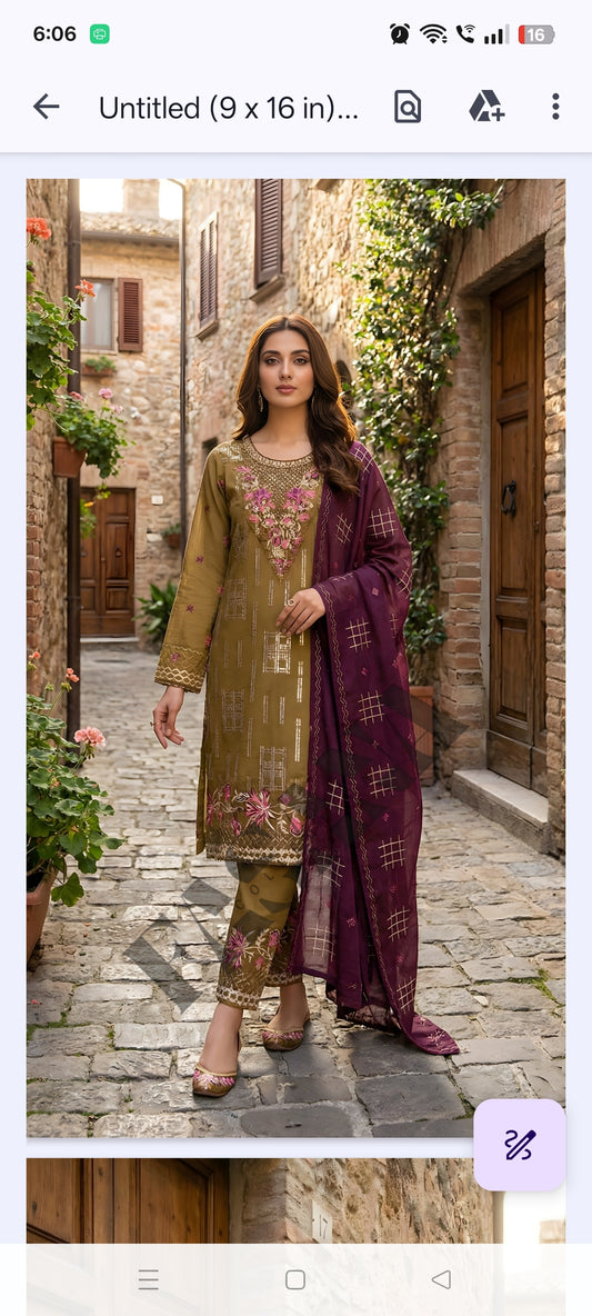This is an unstitched lawn collection 3-piece suit with sequence embroidered front, embroidered sleeves, embroidered trouser, and a Bamber embroidered chiffon dupatta..