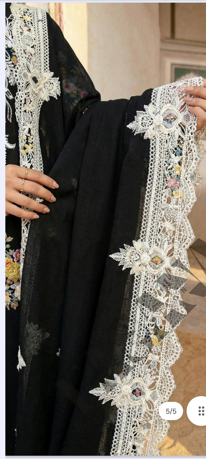.This is an unstitched lawn collection 3-piece suit with sequence embroidered front, embroidered sleeves, embroidered trouser, and a Bamber embroidered chiffon dupatta.