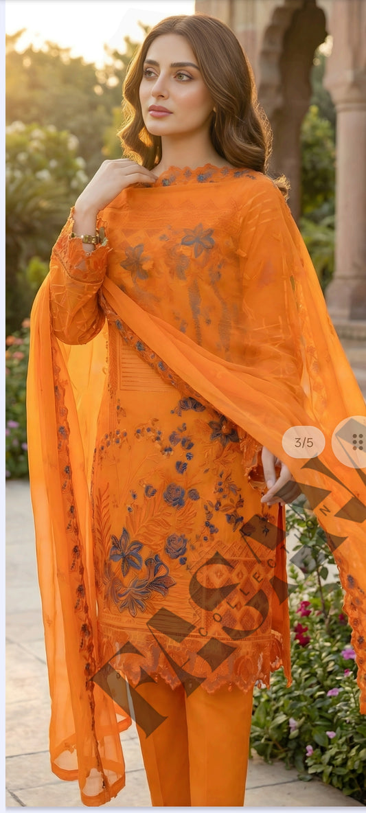 unstitched lawn collection 3-piece suit with sequence embroidered front, sleeves,trouser, and a Bamber embroidered chiffon dupatta.