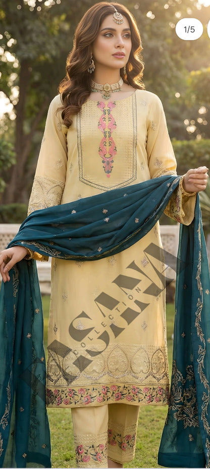 .This is an unstitched lawn collection 3-piece suit with sequence embroidered front, embroidered sleeves, embroidered trouser, and a Bamber embroidered chiffon dupatta.