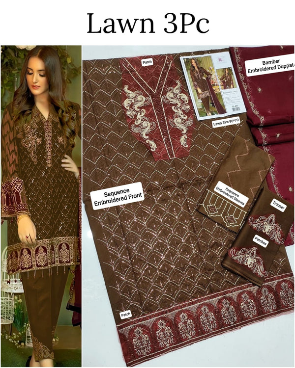 This is an unstitched lawn collection 3-piece suit with sequence embroidered front, embroidered sleeves, embroidered trouser, and a Bamber embroidered  chiffon dupatta.
