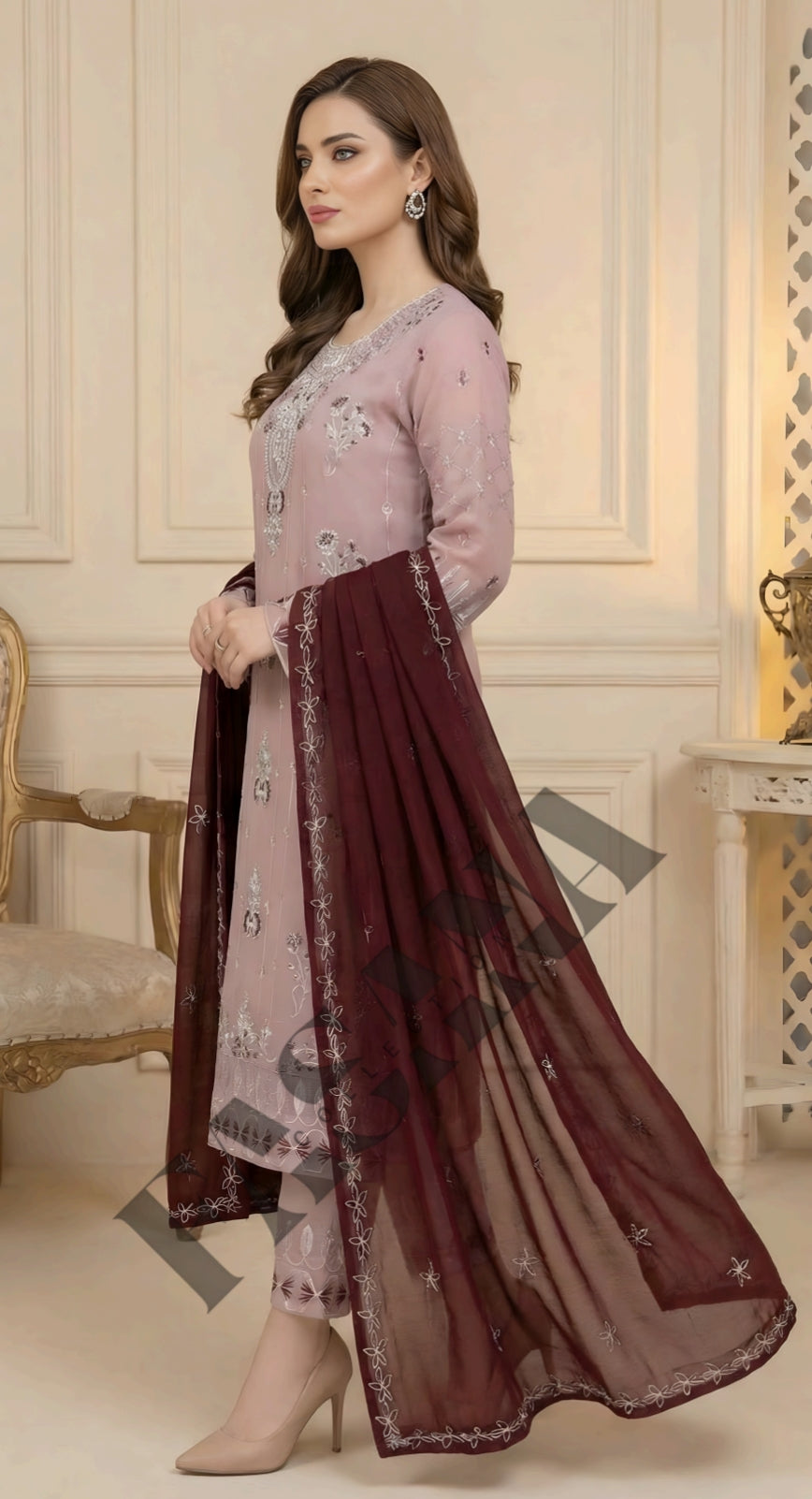 .This is an unstitched lawn collection 3-piece suit with sequence embroidered front, embroidered sleeves, embroidered trouser, and a Bamber embroidered chiffon dupatta.