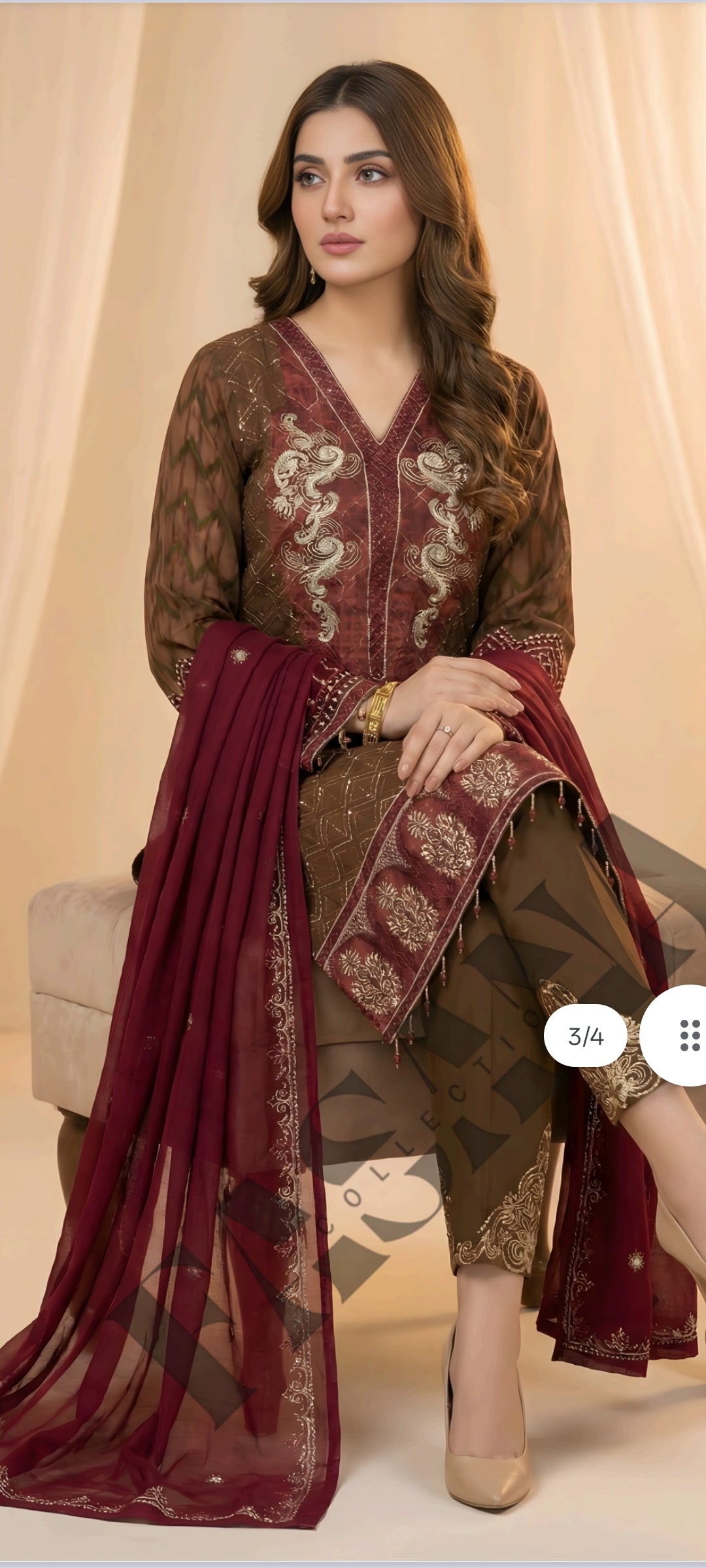This is an unstitched lawn collection 3-piece suit with sequence embroidered front, embroidered sleeves, embroidered trouser, and a Bamber embroidered  chiffon dupatta.