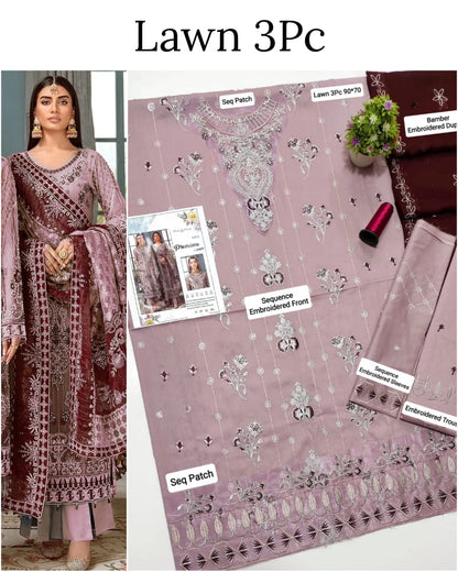 .This is an unstitched lawn collection 3-piece suit with sequence embroidered front, embroidered sleeves, embroidered trouser, and a Bamber embroidered chiffon dupatta.