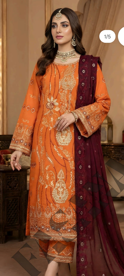 This is an unstitched lawn collection 3-piece suit with sequence embroidered front, embroidered sleeves, embroidered trouser, and a Bamber embroidered chiffon dupatta.