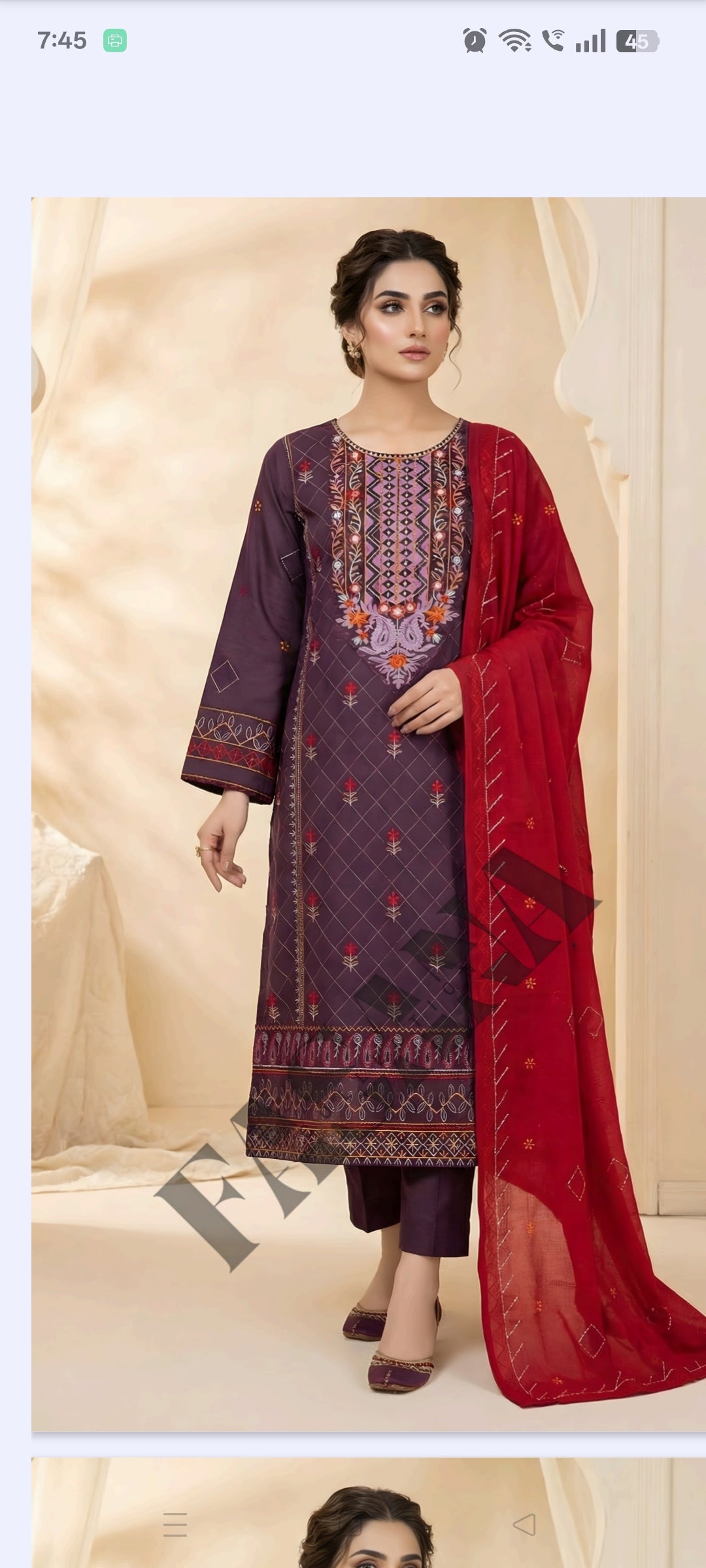 This is an unstitched lawn collection 3-piece suit with sequence embroidered front, embroidered sleeves, embroidered trouser, and a Bamber embroidered chiffon dupatta.