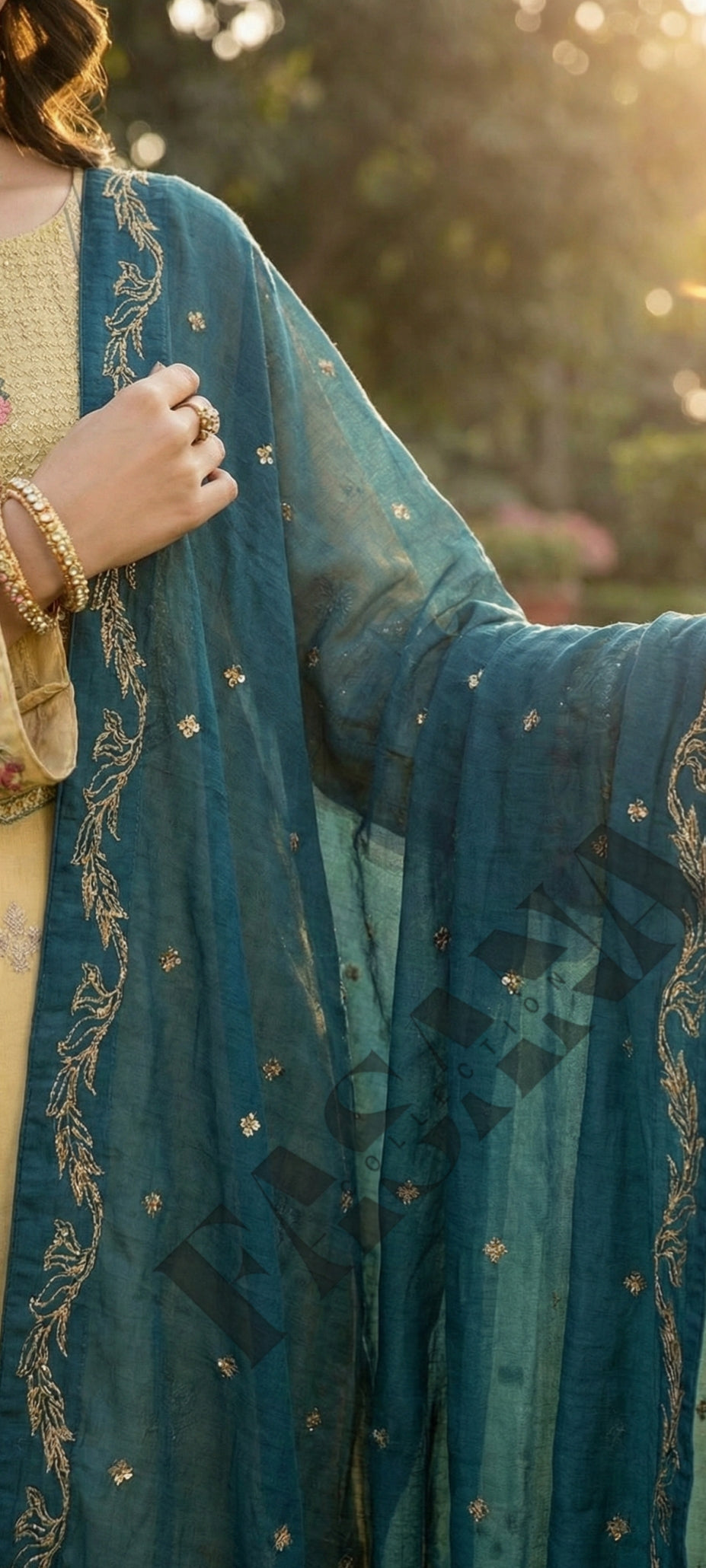 .This is an unstitched lawn collection 3-piece suit with sequence embroidered front, embroidered sleeves, embroidered trouser, and a Bamber embroidered chiffon dupatta.