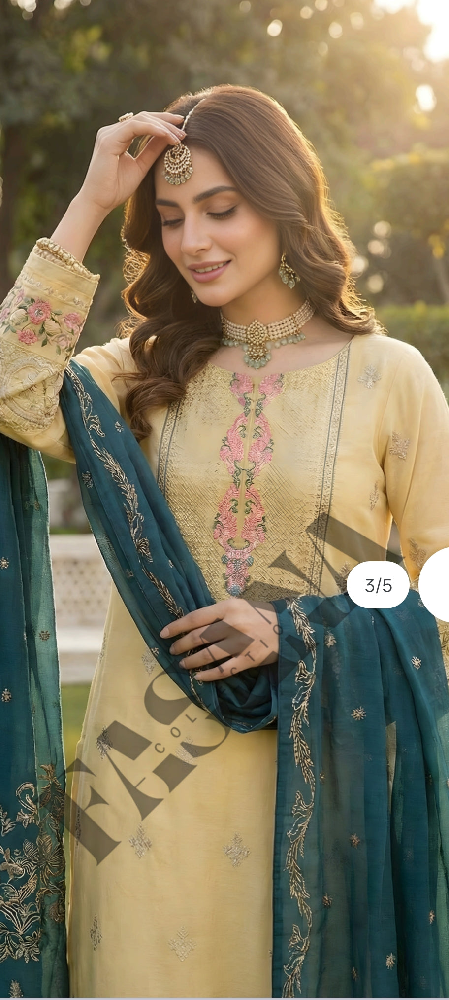.This is an unstitched lawn collection 3-piece suit with sequence embroidered front, embroidered sleeves, embroidered trouser, and a Bamber embroidered chiffon dupatta.