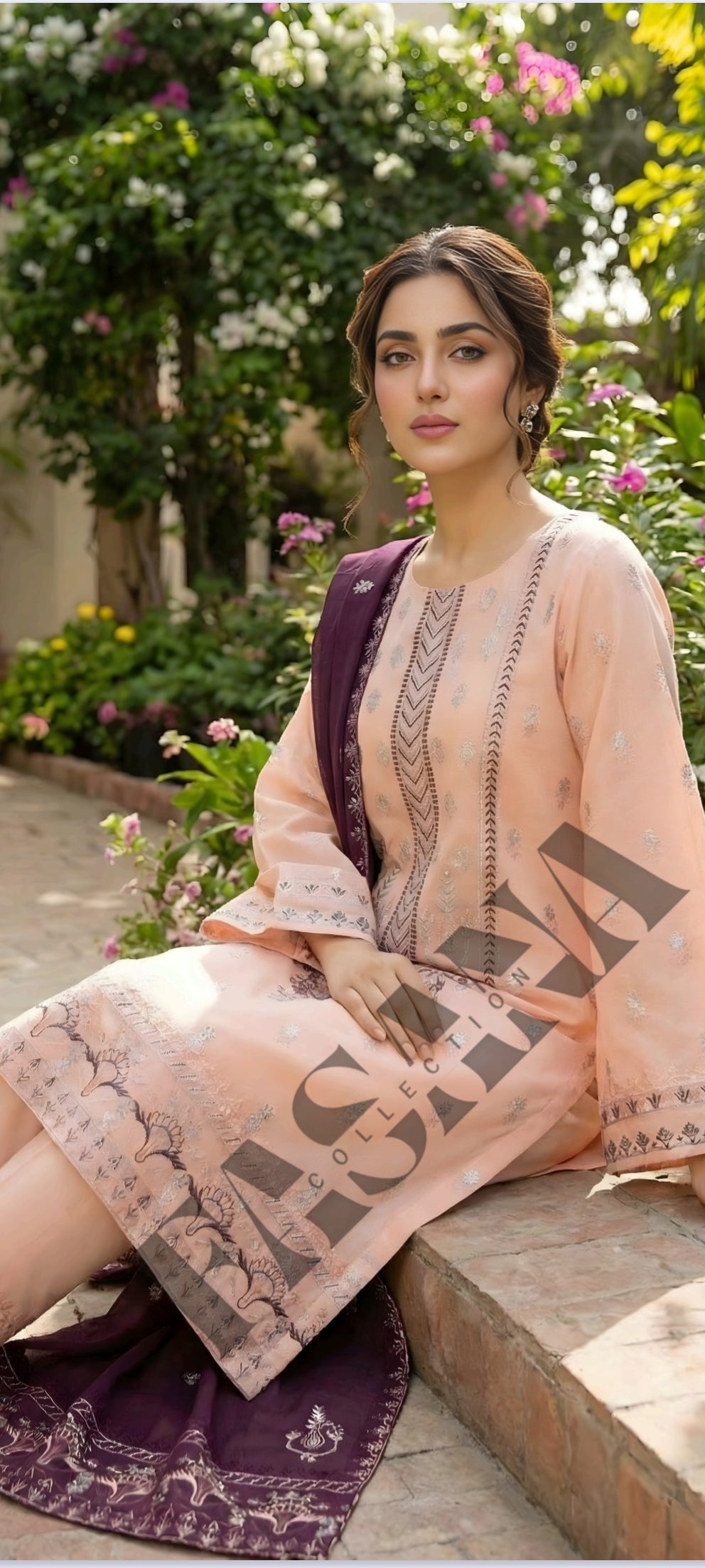 This is an unstitched lawn collection 3-piece suit with sequence embroidered front, embroidered sleeves, embroidered trouser, and a Bamber embroidered chiffon dupatta.