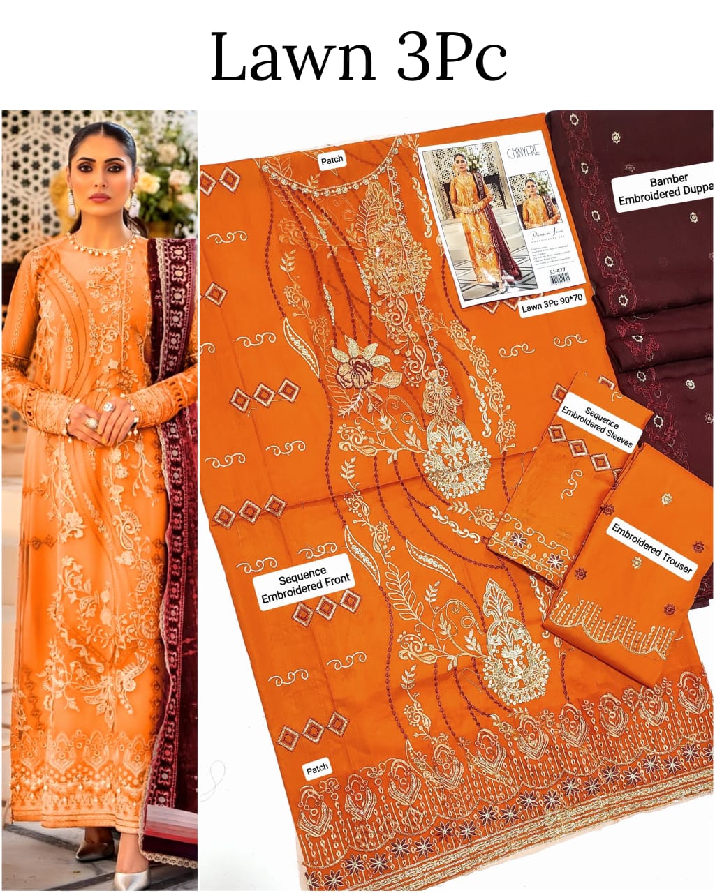 This is an unstitched lawn collection 3-piece suit with sequence embroidered front, embroidered sleeves, embroidered trouser, and a Bamber embroidered chiffon dupatta.