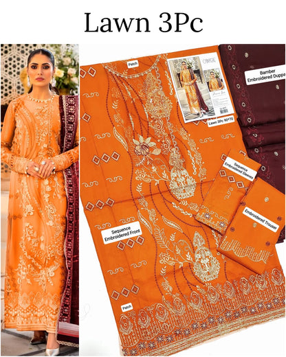 This is an unstitched lawn collection 3-piece suit with sequence embroidered front, embroidered sleeves, embroidered trouser, and a Bamber embroidered chiffon dupatta.