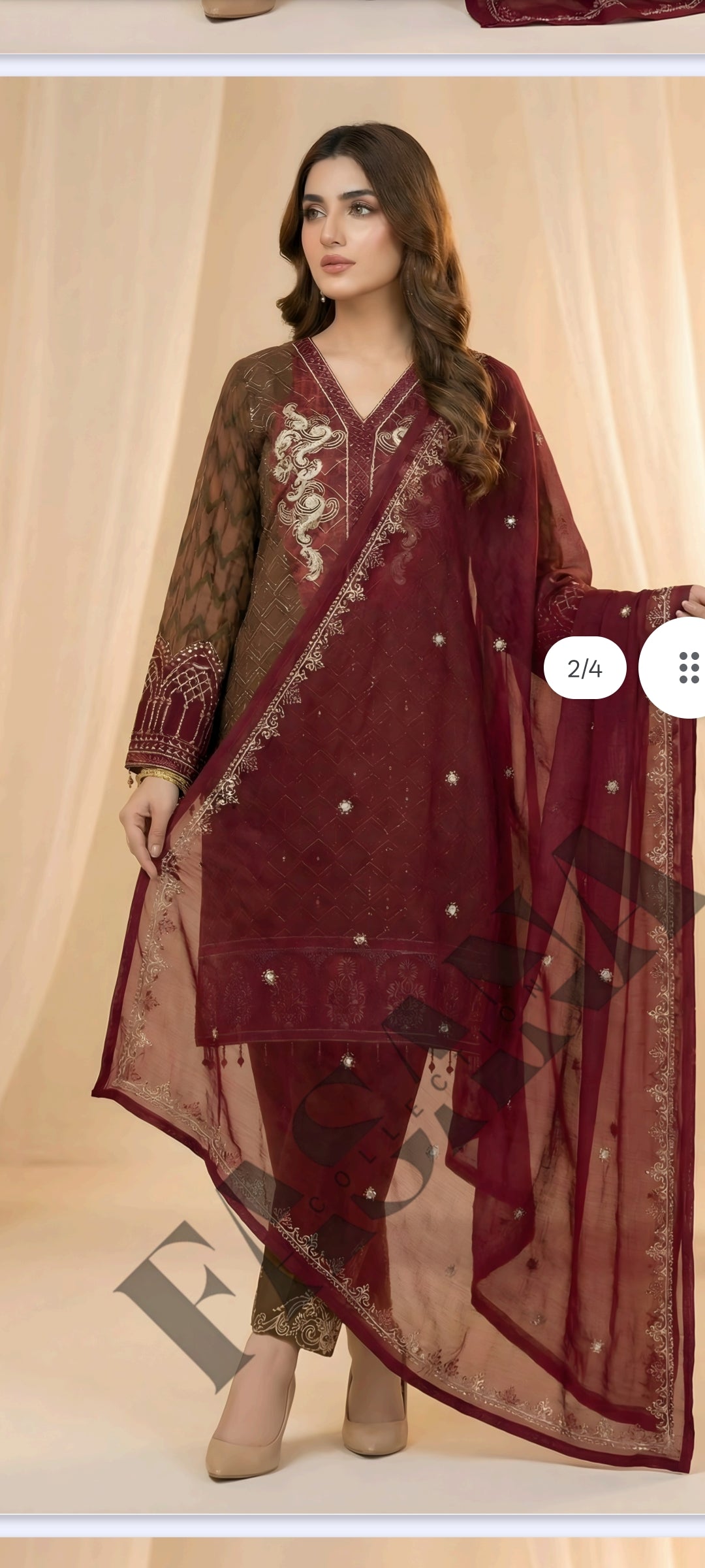 This is an unstitched lawn collection 3-piece suit with sequence embroidered front, embroidered sleeves, embroidered trouser, and a Bamber embroidered  chiffon dupatta.