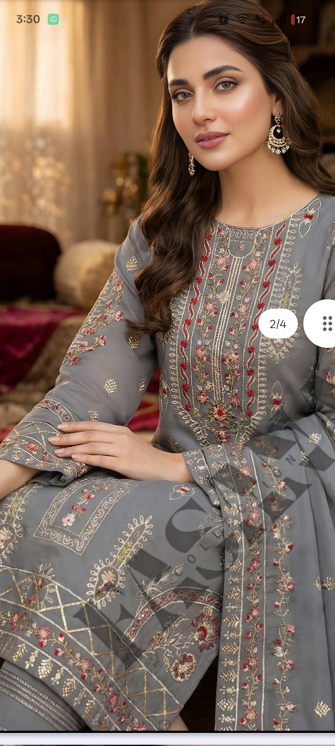 This is an unstitched lawn collection 3-piece suit with sequence embroidered front, embroidered sleeves, embroidered trouser, and a Bamber embroidered chiffon dupatta.