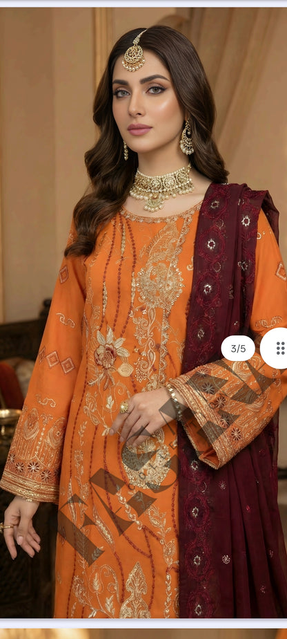 This is an unstitched lawn collection 3-piece suit with sequence embroidered front, embroidered sleeves, embroidered trouser, and a Bamber embroidered chiffon dupatta.