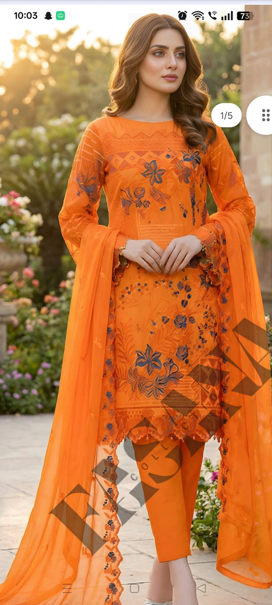 unstitched lawn collection 3-piece suit with sequence embroidered front, sleeves,trouser, and a Bamber embroidered chiffon dupatta.