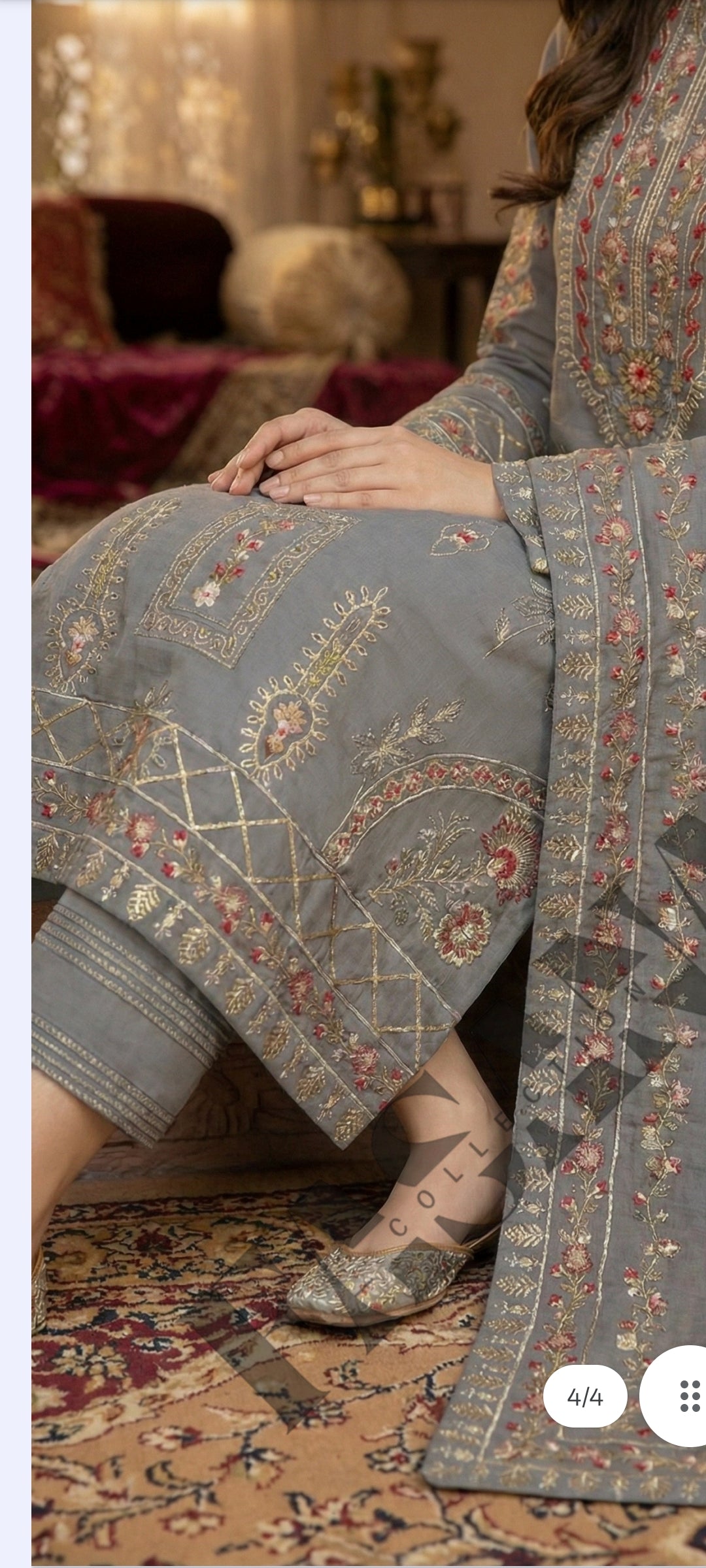 This is an unstitched lawn collection 3-piece suit with sequence embroidered front, embroidered sleeves, embroidered trouser, and a Bamber embroidered chiffon dupatta.