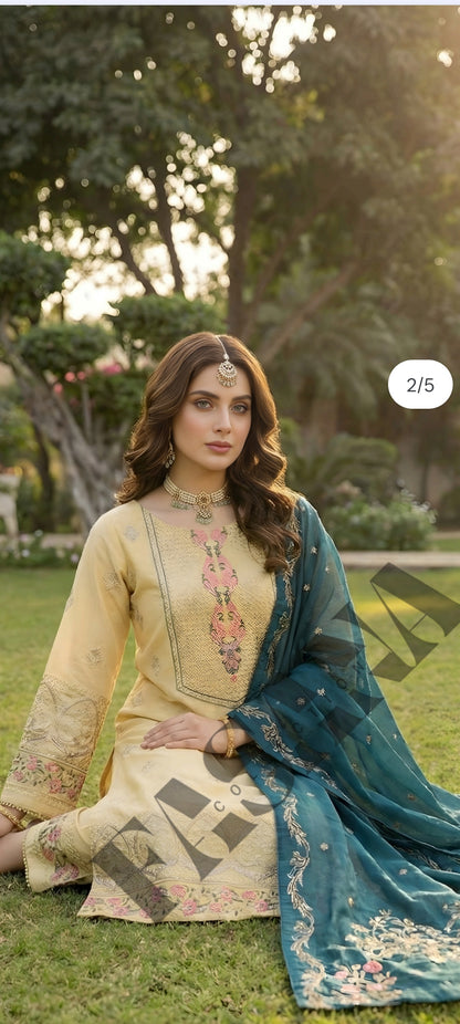 .This is an unstitched lawn collection 3-piece suit with sequence embroidered front, embroidered sleeves, embroidered trouser, and a Bamber embroidered chiffon dupatta.