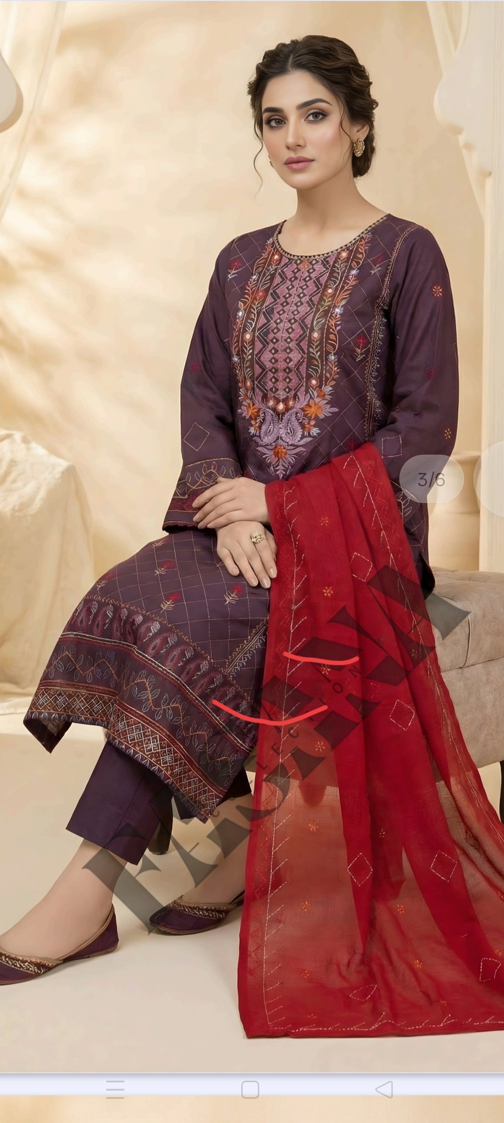 This is an unstitched lawn collection 3-piece suit with sequence embroidered front, embroidered sleeves, embroidered trouser, and a Bamber embroidered chiffon dupatta.