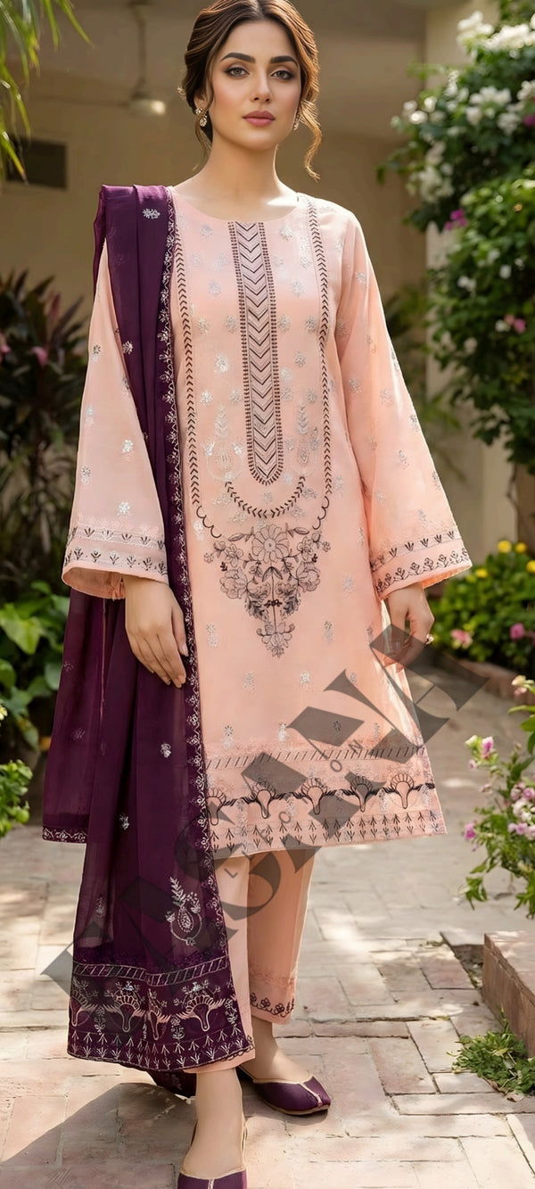 This is an unstitched lawn collection 3-piece suit with sequence embroidered front, embroidered sleeves, embroidered trouser, and a Bamber embroidered chiffon dupatta.