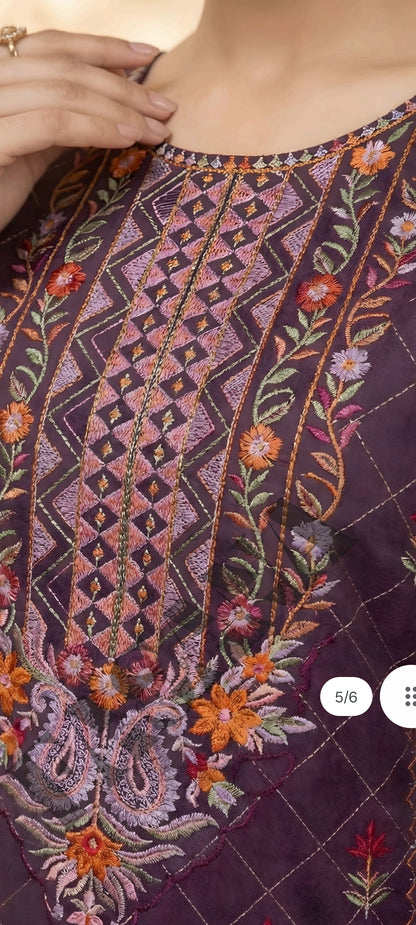 This is an unstitched lawn collection 3-piece suit with sequence embroidered front, embroidered sleeves, embroidered trouser, and a Bamber embroidered chiffon dupatta.